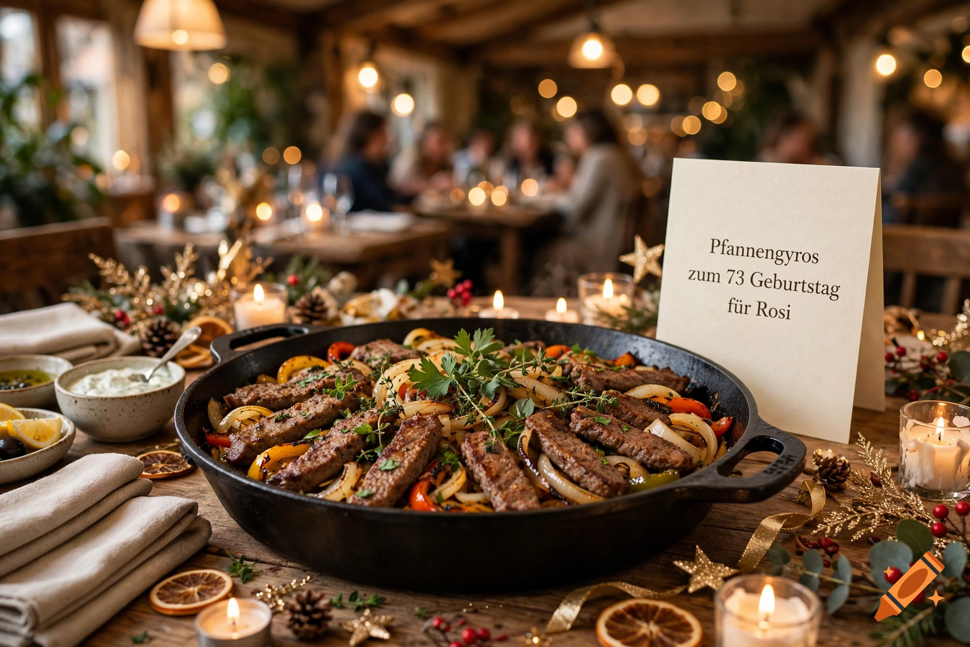 Photorealistic image of a cast-iron pan with pan gyros, onions, and bell peppers on a festive rustic wooden table with a sign reading 'Pfannengyros zum 73 Geburtstag für Rosi'.