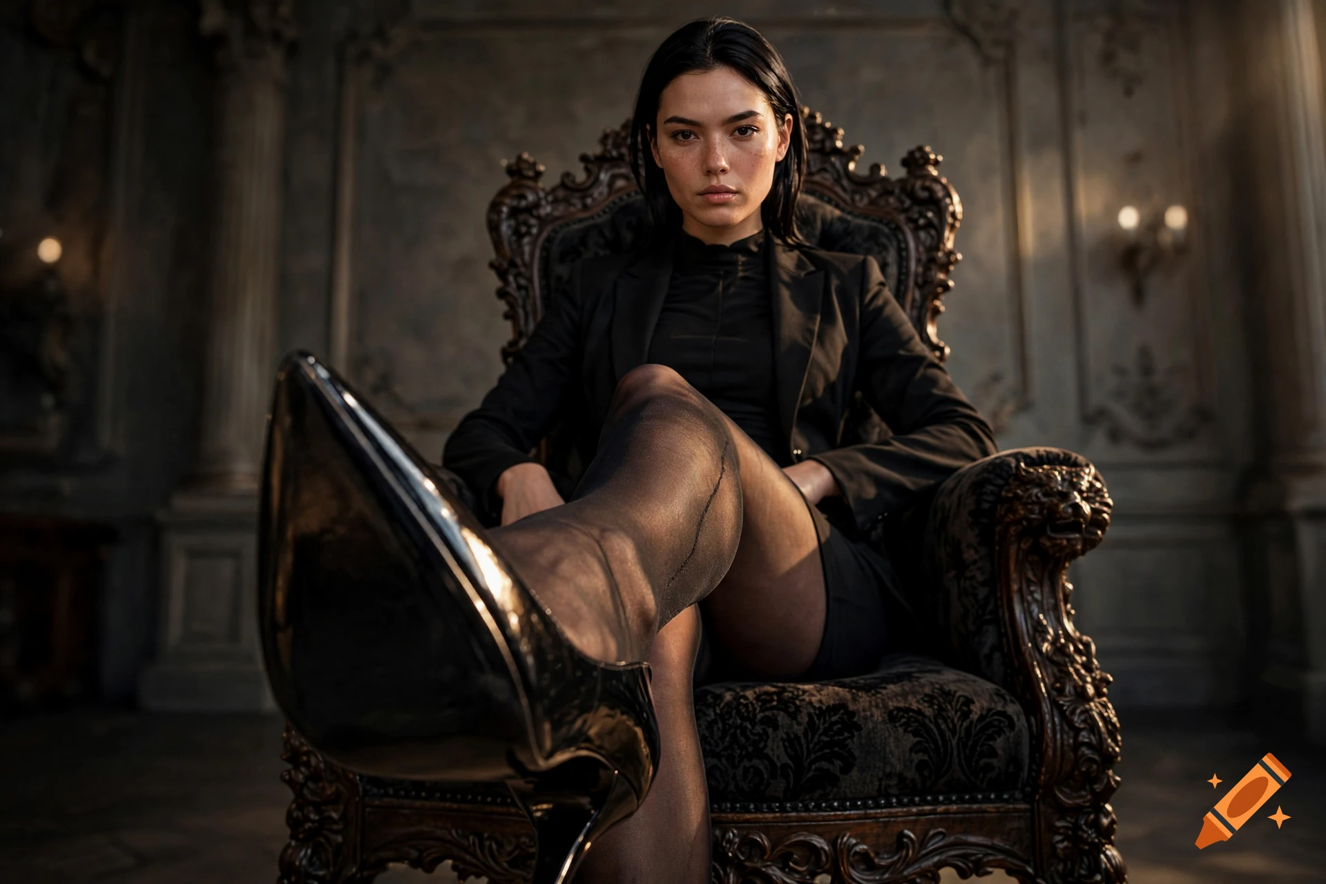 Photorealistic portrait of a dark-haired woman in a black suit and stockings sitting on a throne, extending one high-heeled shoe towards the camera.