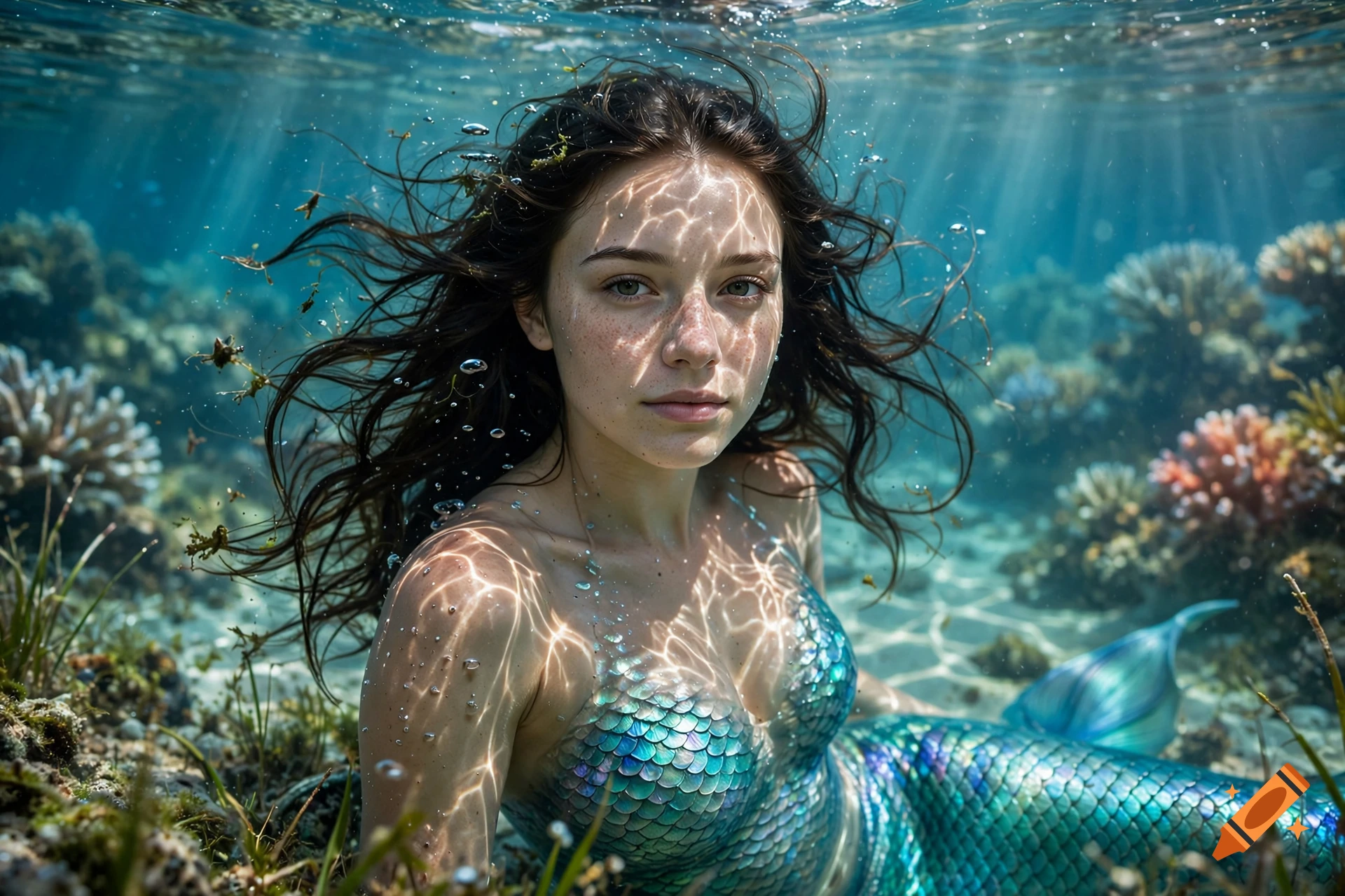 Photorealistic underwater portrait of a young woman with a mermaid tail, surrounded by coral reefs and sunlight filtering through the water surface.