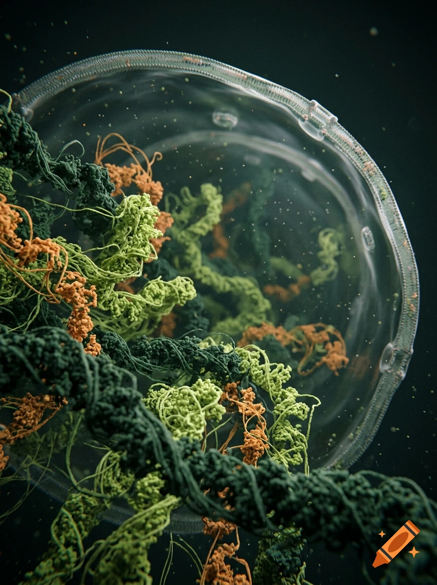 Close-up 3D render of chromatin fibers in dark green, lime green, and orange, viewed from inside a nucleus toward the membrane.
