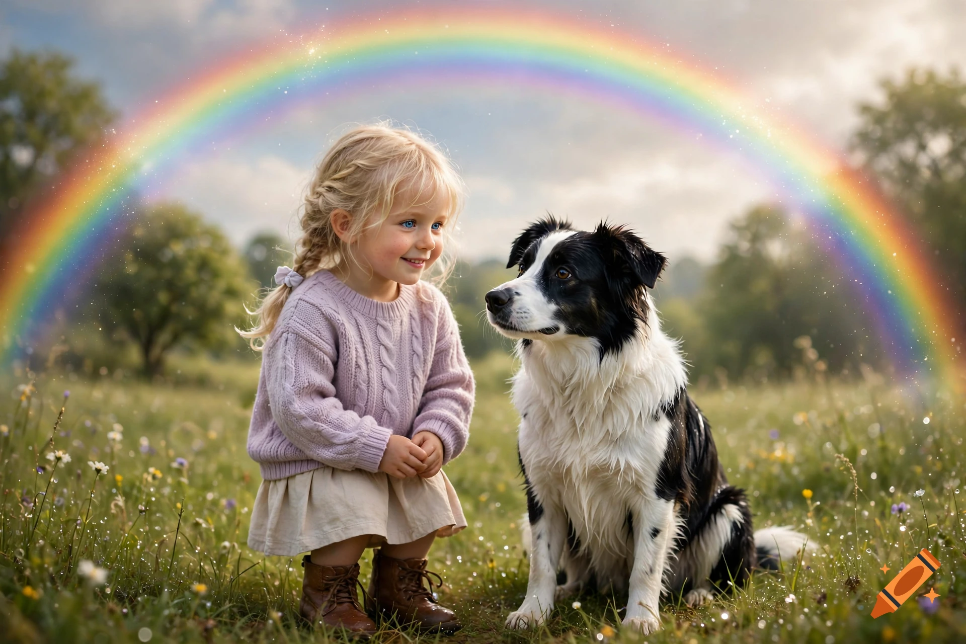 Photorealistic image of a young blonde girl in a knit sweater looking at a black and white dog in a meadow under a rainbow.