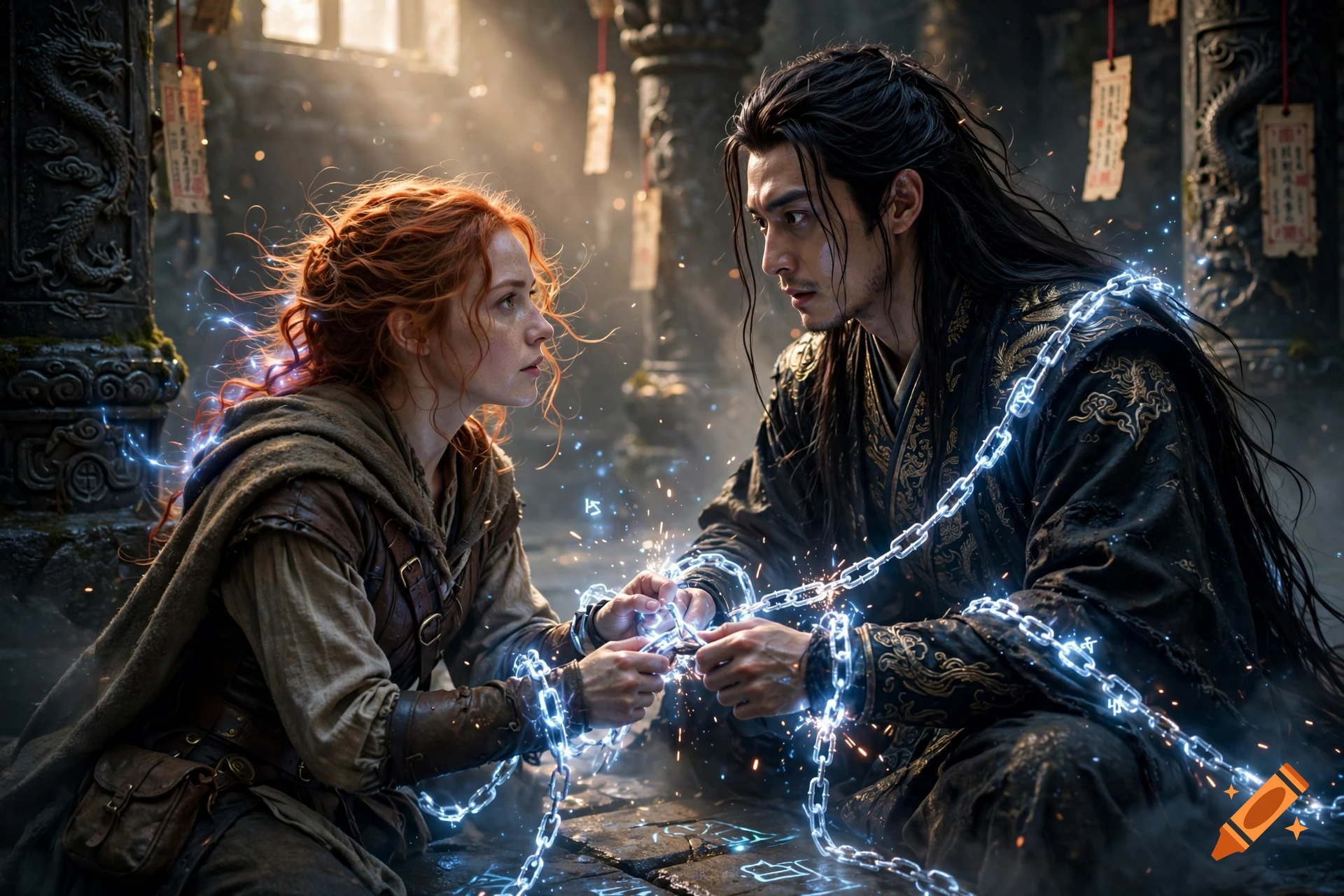A red-haired woman freeing a long-haired man trapped in glowing magical chains inside a stone temple, digital art.