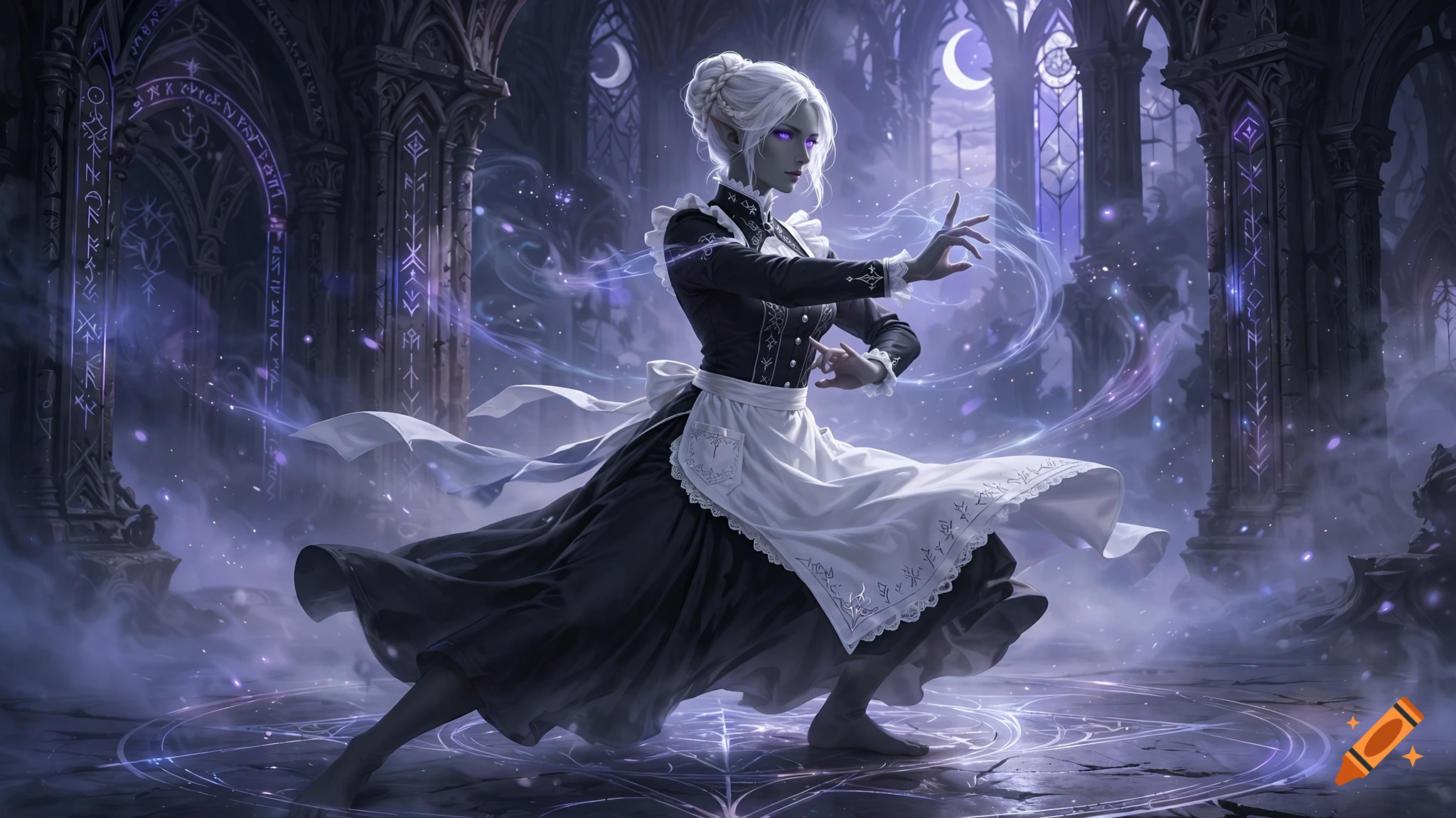 Dark elf maid with white hair and violet eyes performing a martial arts stance in a mystical fantasy hall.