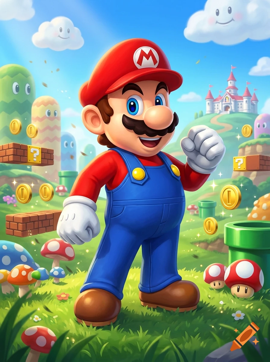 Digital illustration of Mario standing in a vibrant green landscape with mushrooms, coins, and a castle in the background.