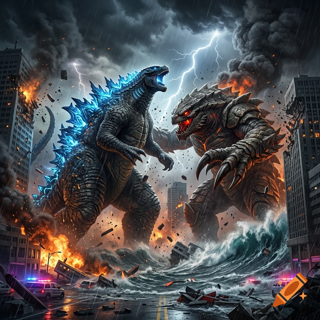 Godzilla and a giant armored monster battling in a flooded city amid explosions and lightning, cinematic digital art.