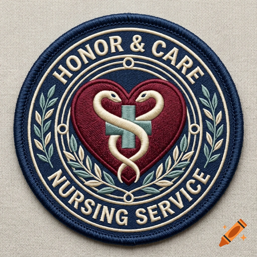 Embroidered circular patch featuring a red heart with a medical cross and snake emblem, surrounded by laurel leaves and text reading 'HONOR & CARE NURSING SERVICE'.