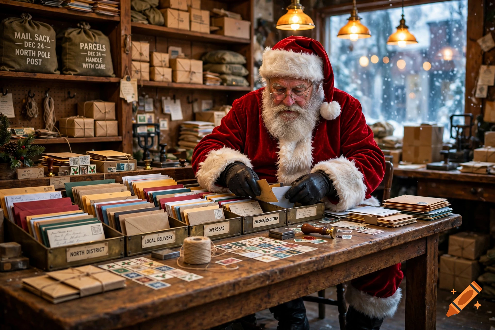 Photorealistic scene of Santa Claus sorting mail and packages at a wooden desk in a workshop.