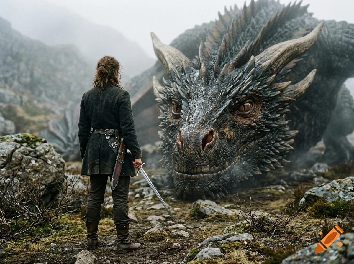 Photorealistic view from behind of a woman holding a sword, facing a giant detailed dragon lying in a rocky, foggy landscape.
