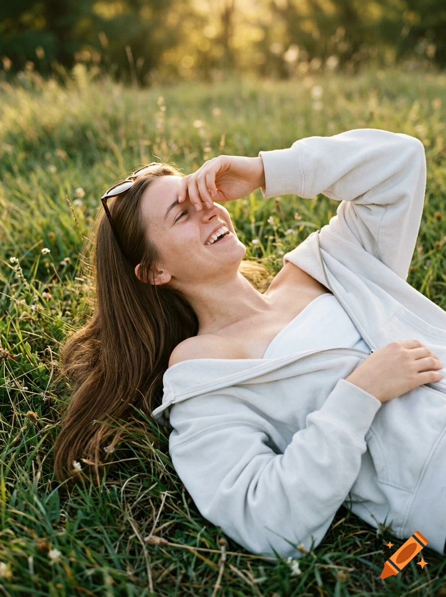 A smiling woman lies in a lush green meadow, shading her eyes with her hand.