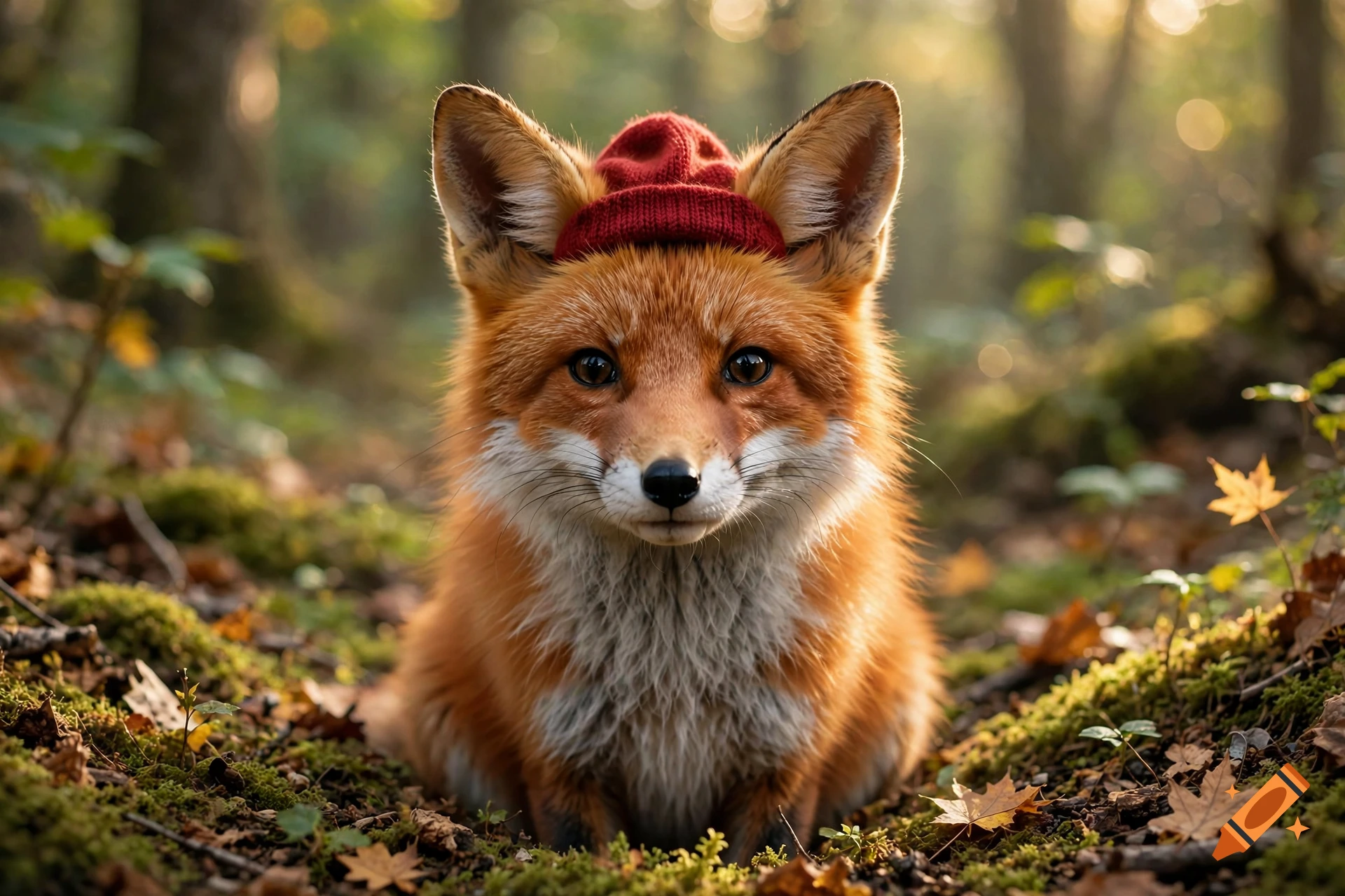 Close-up photorealistic portrait of a cute red fox wearing a small red knitted hat in a forest.