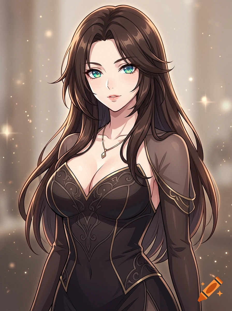 An anime-style digital illustration of a woman with long brown hair and green eyes, wearing a dark ornate dress.