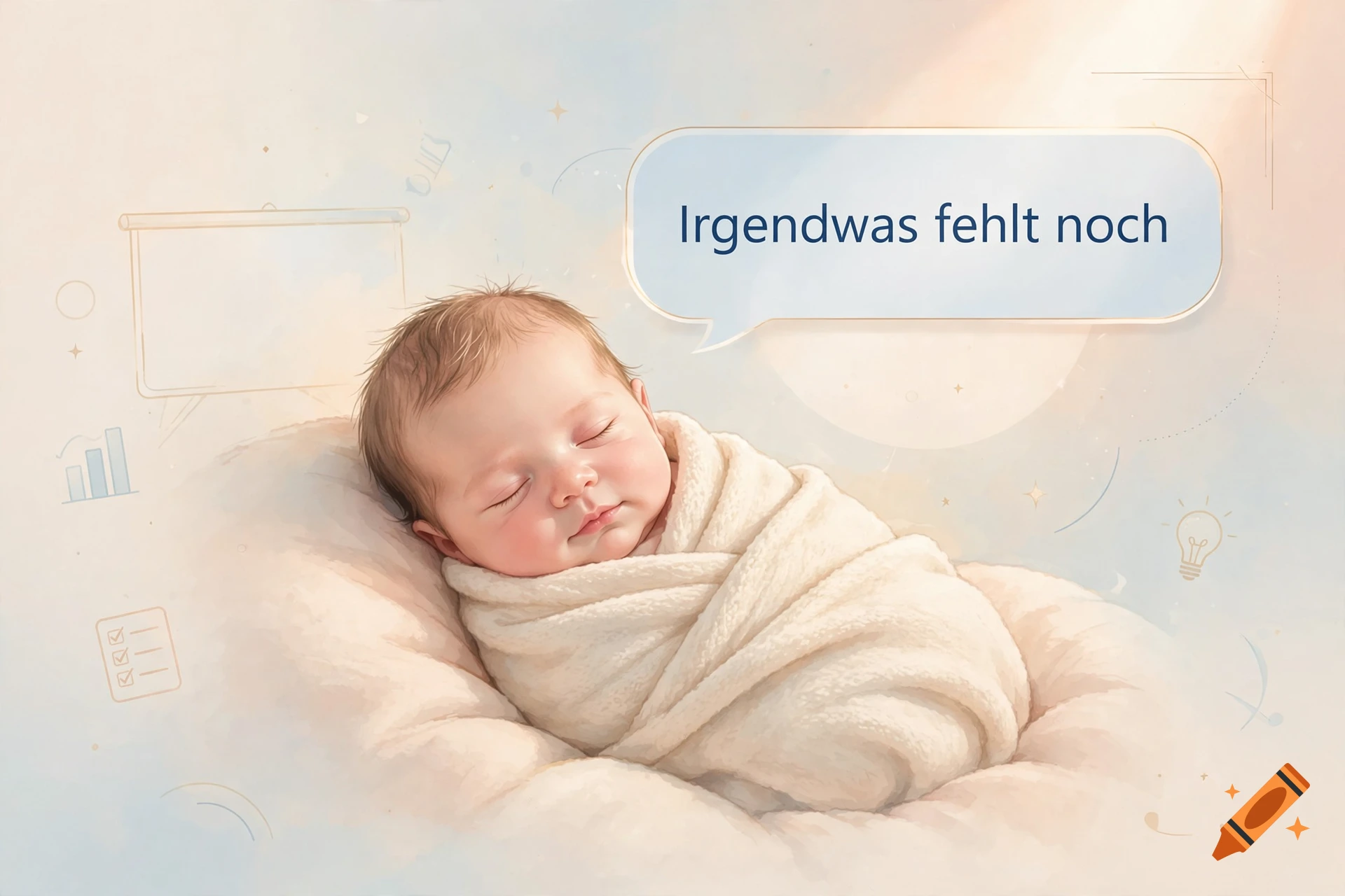 A sleeping newborn baby wrapped in a swaddle blanket next to a speech bubble with German text, in a soft watercolor style.