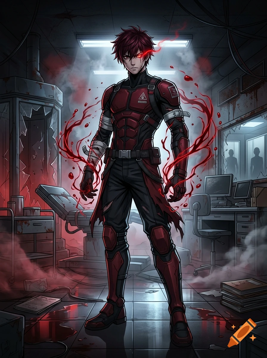 Anime illustration of a young male villain in red and black tactical armor surrounded by glowing red blood tendrils in a ruined laboratory.