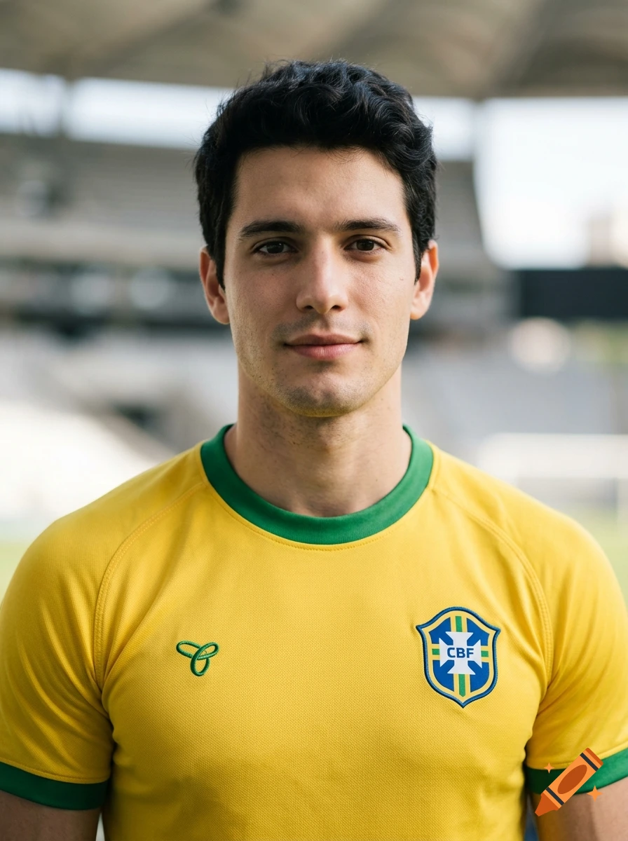 Photorealistic portrait of a young man wearing a yellow and green Brazilian soccer jersey.
