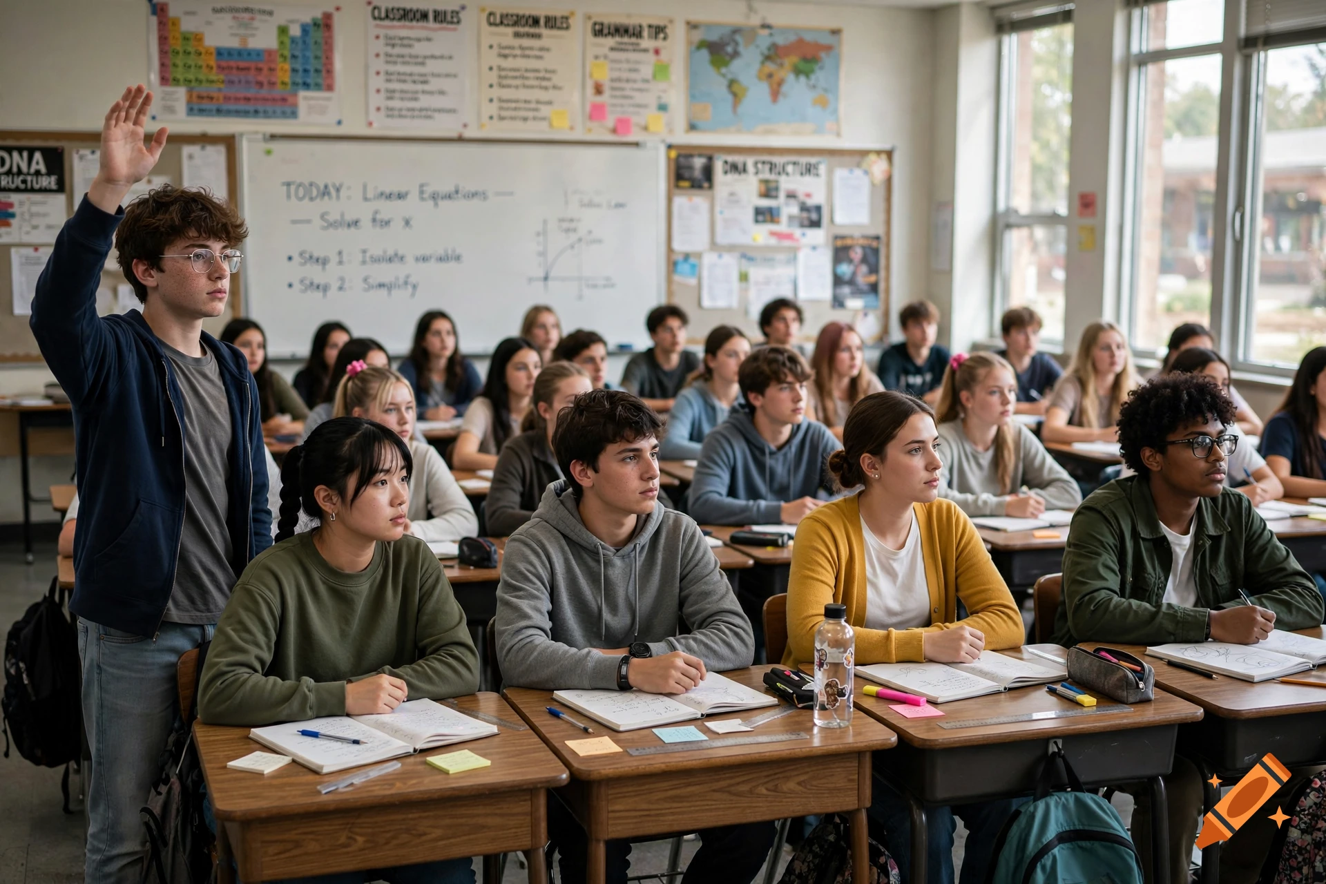 Photorealistic classroom scene with students sitting at desks, one male student standing with his hand raised.