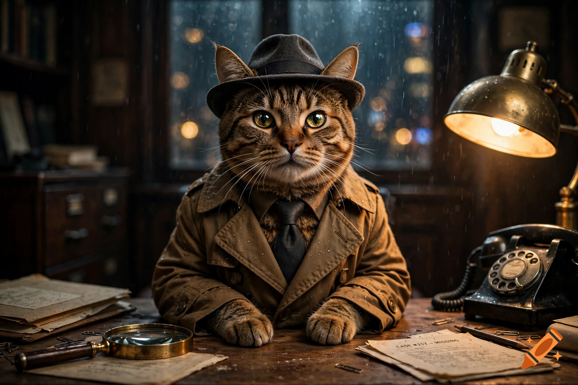 Photorealistic image of a tabby cat dressed as a detective with a trench coat and fedora, sitting at a desk.