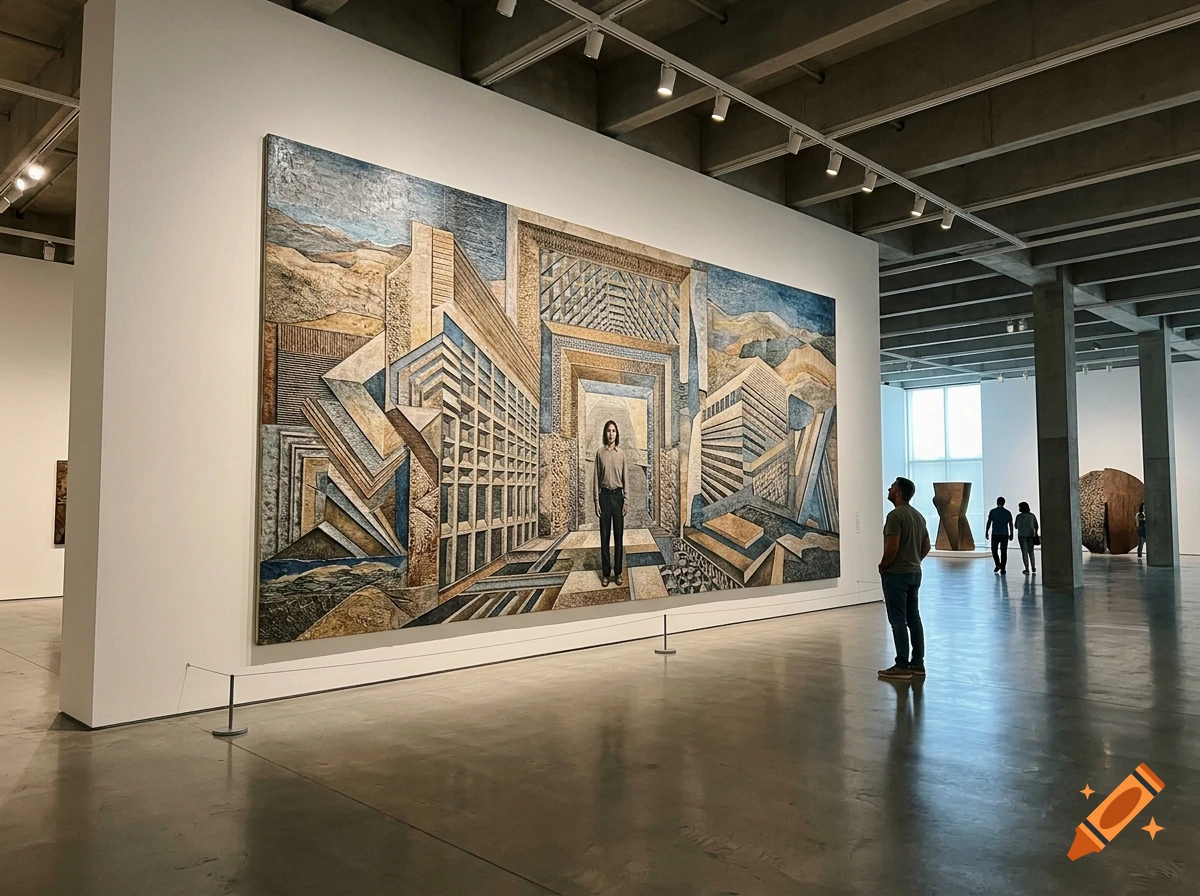 A person standing in a modern art gallery, looking at a large architectural painting on a white wall.