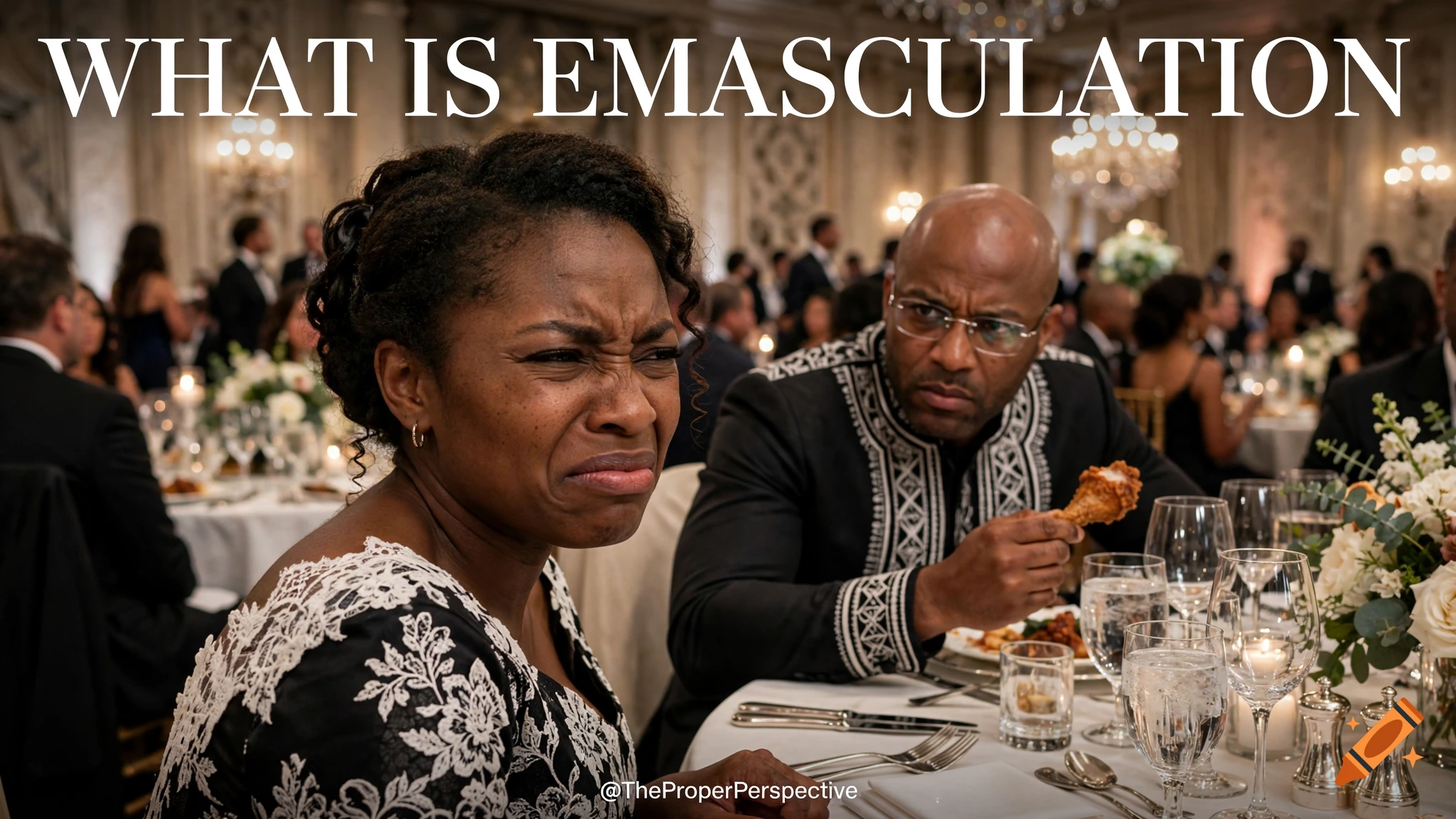 Photorealistic banquet scene where a woman looks in disgust at a man eating fried chicken, with text reading WHAT IS EMASCULATION.