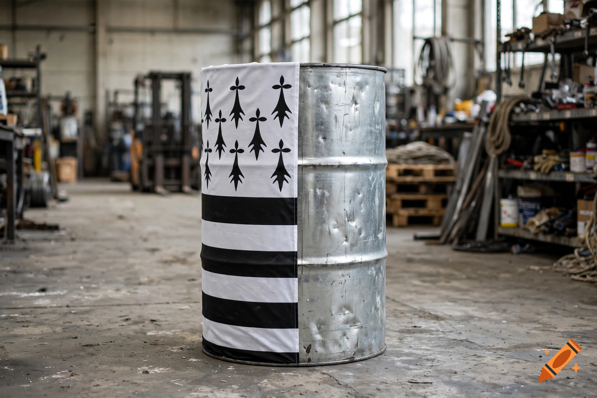 Photorealistic 200-liter metal industrial barrel wrapped with a Breton flag on one half, standing in a warehouse.