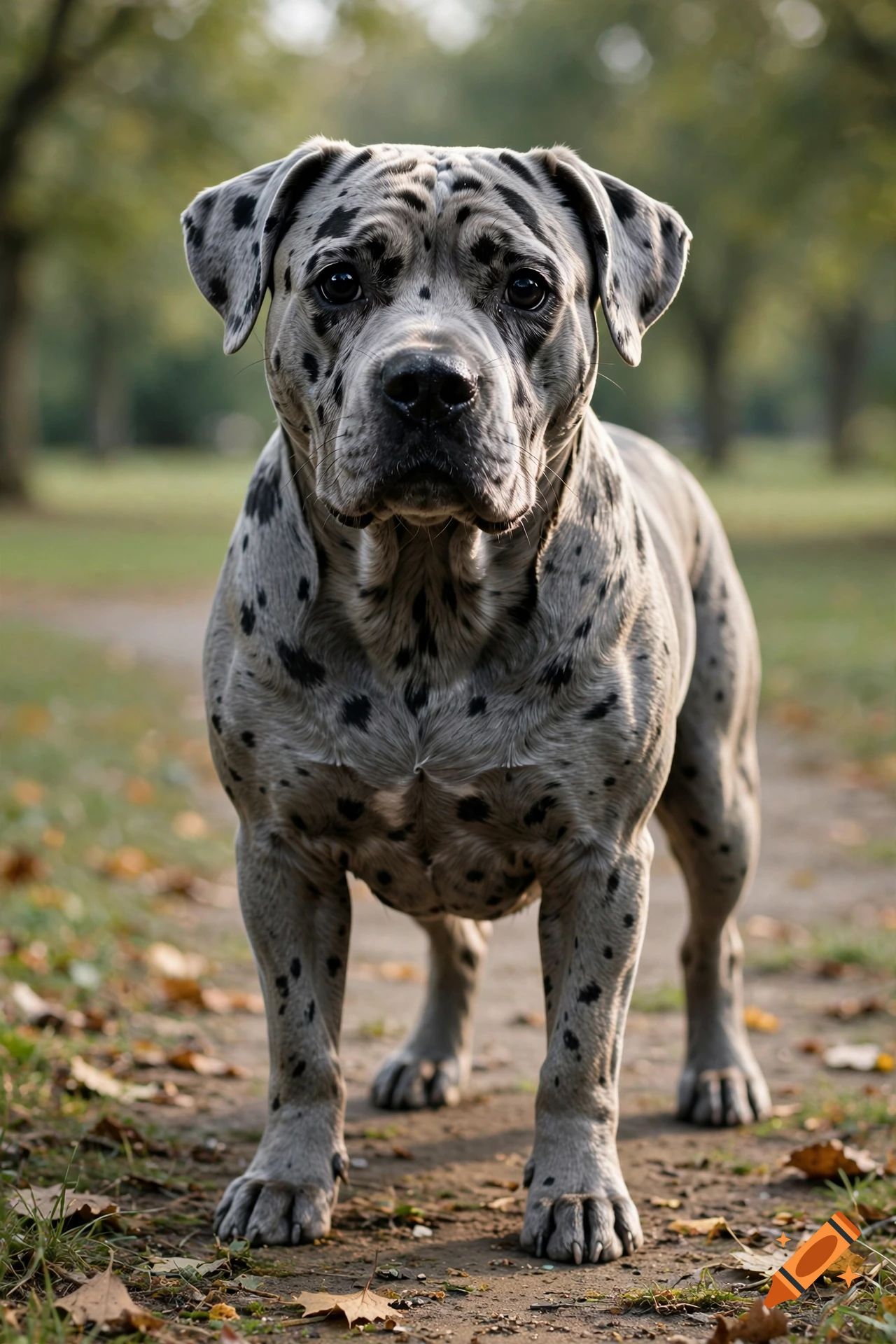 Photorealistic standing dog with grey coat and black spots in a park with green trees and fallen leaves.
