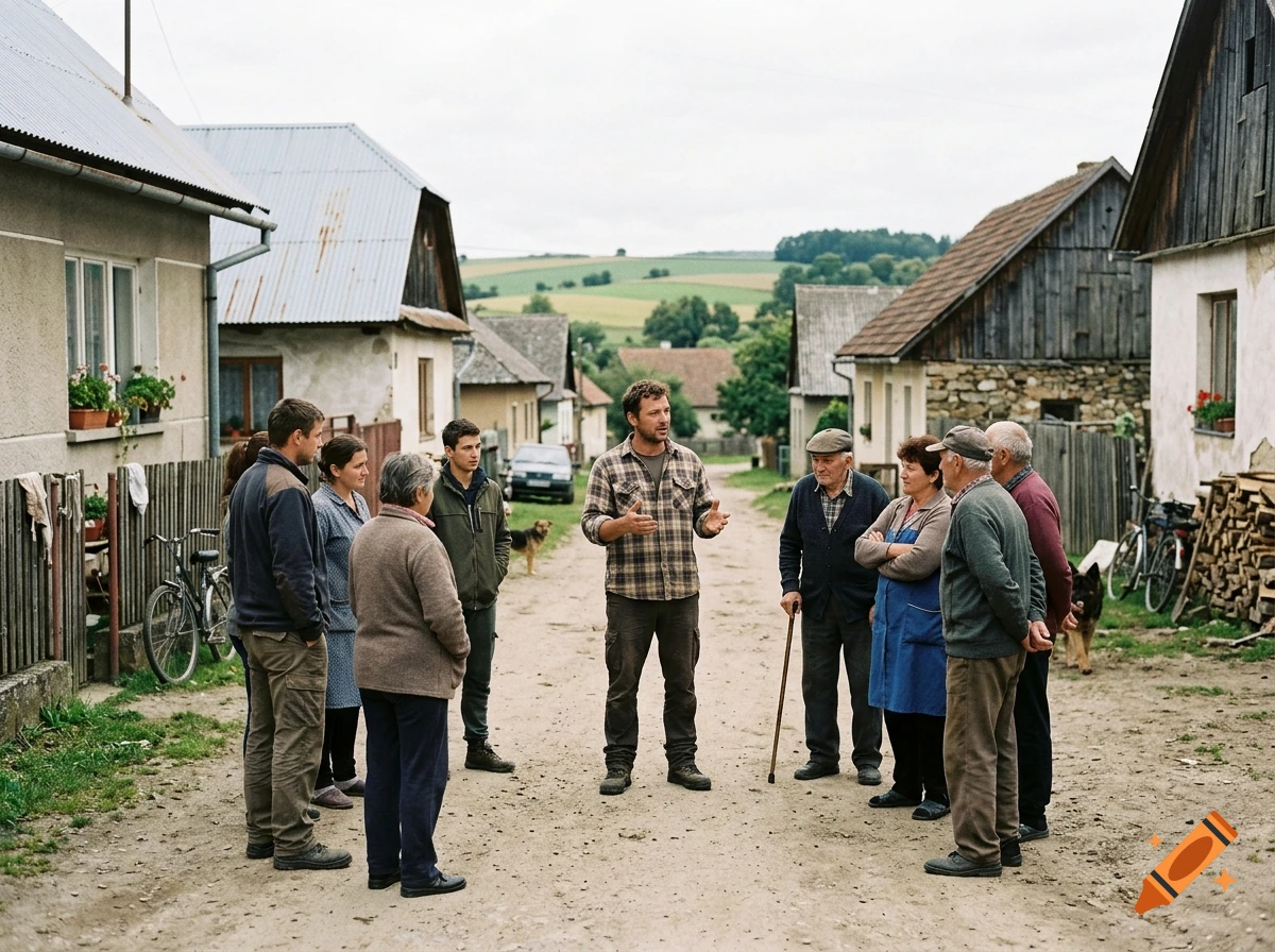 A group of people standing together talking on a dirt road in a village with houses on both sides.