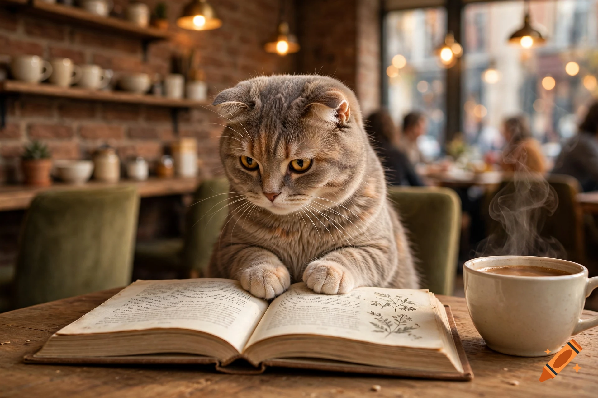 A photorealistic Scottish Fold cat sitting at a wooden table in a cozy cafe, looking down at an open book with indistinct text.