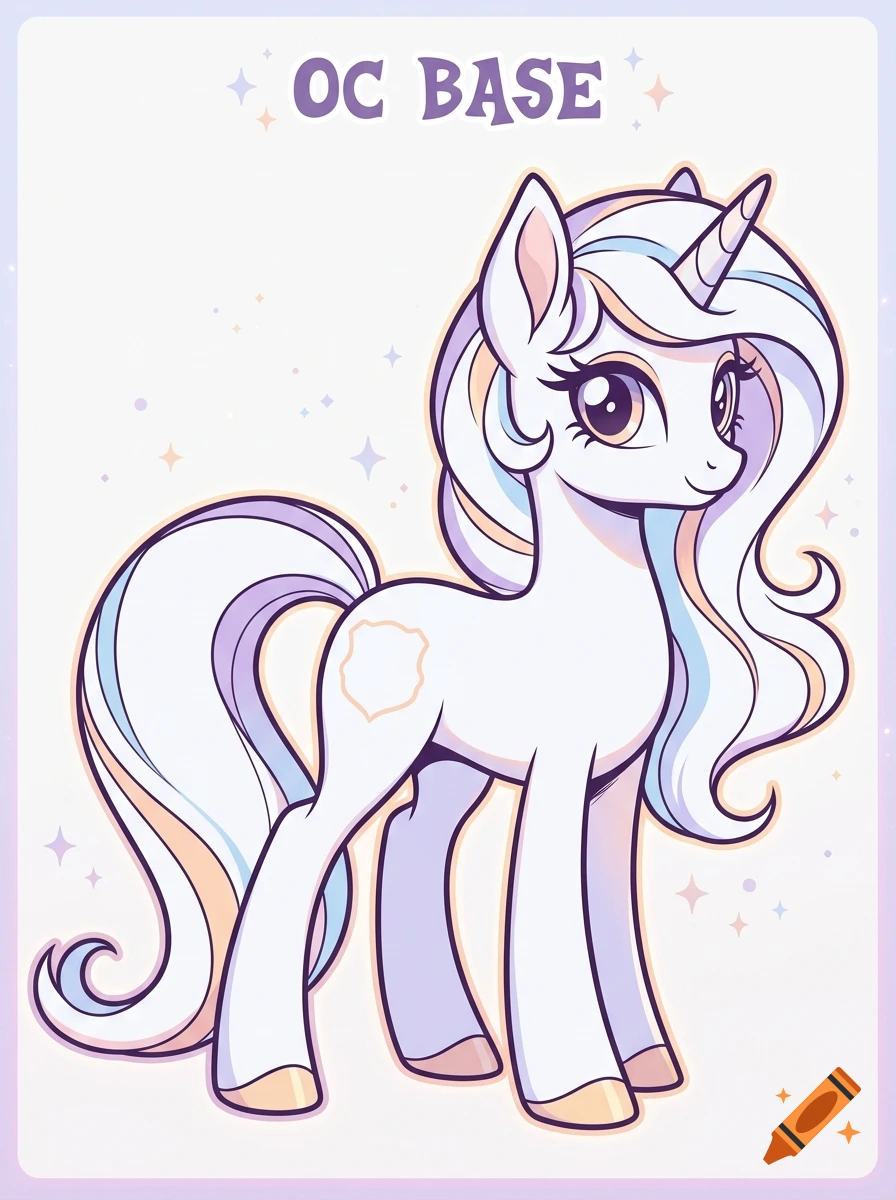 Digital illustration of a white unicorn pony with purple and blue mane and tail, featuring text OC BASE at the top.