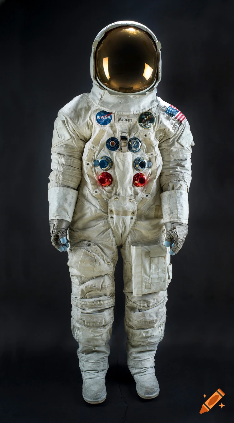 Photograph of the Apollo 11 spacesuit worn by Neil Armstrong against a black background.