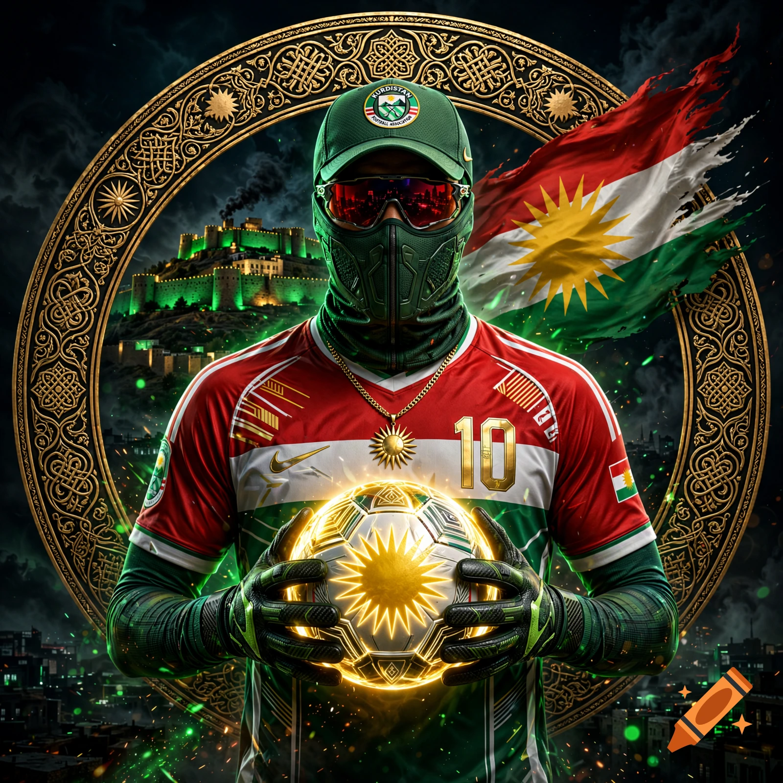 A masked athlete in a red, white, and green sports jersey holding a glowing soccer ball with a sun symbol, framed by an ornate circular golden ring, a Kurdish flag, and a castle in the background.