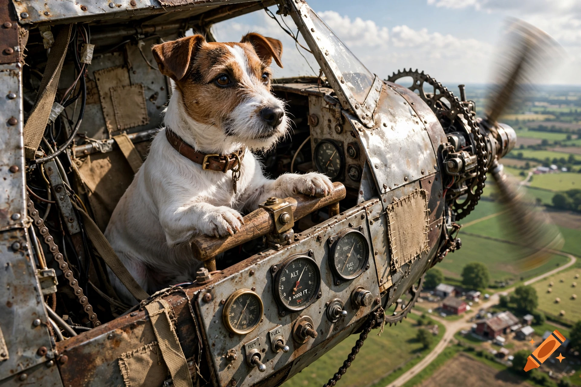 A Jack Russell Terrier sitting in the cockpit of a makeshift retro airplane, flying over a countryside.