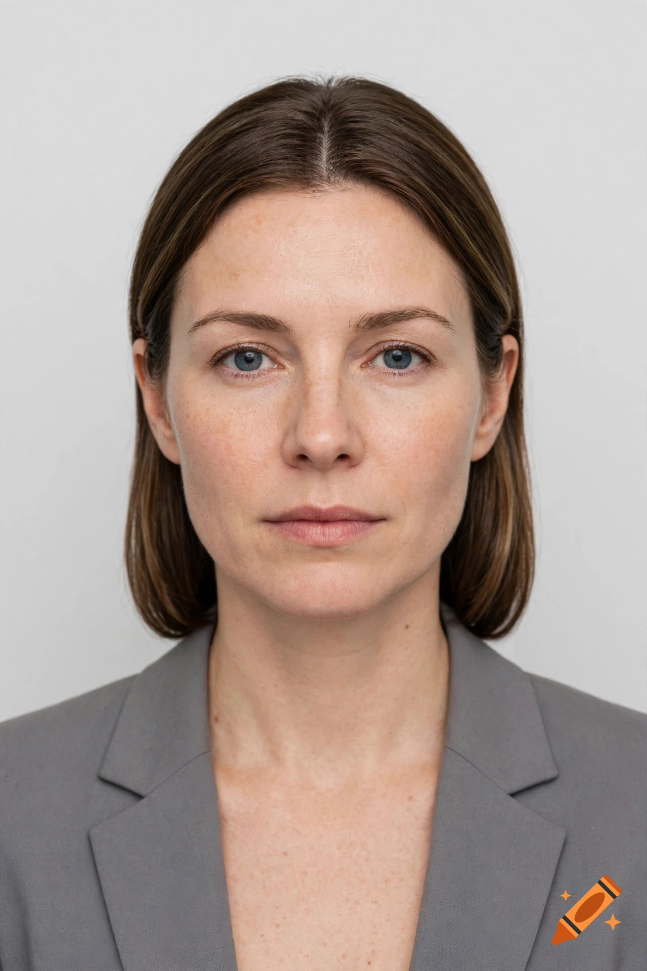 Photorealistic passport style portrait of a woman with brown hair and a grey blazer against a neutral background.