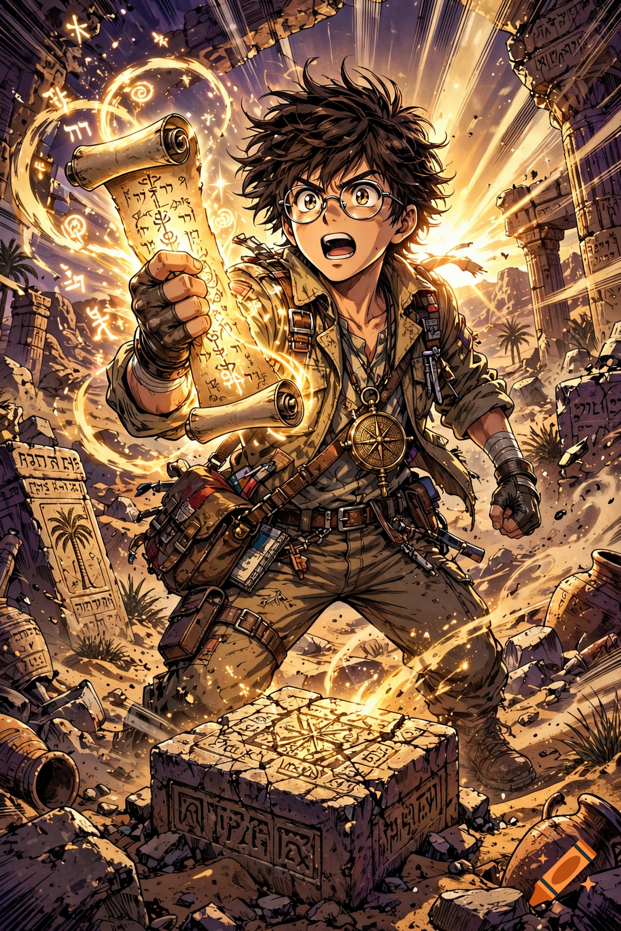 An epic shonen anime character holding a glowing parchment scroll inside desert ruins, manga style.