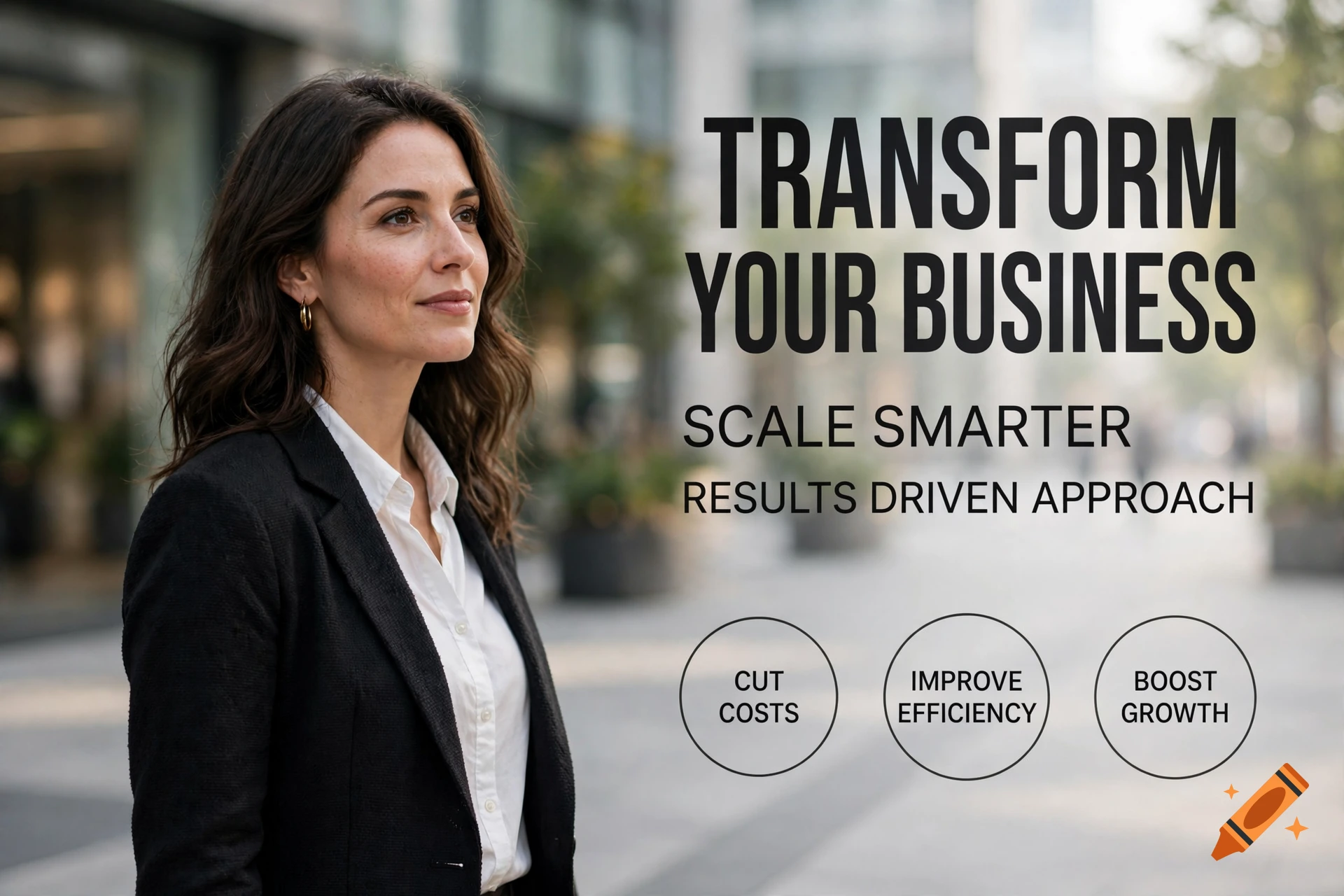 A businesswoman in a black blazer and white shirt stands outside an office building, with promotional text overlaying the right side.