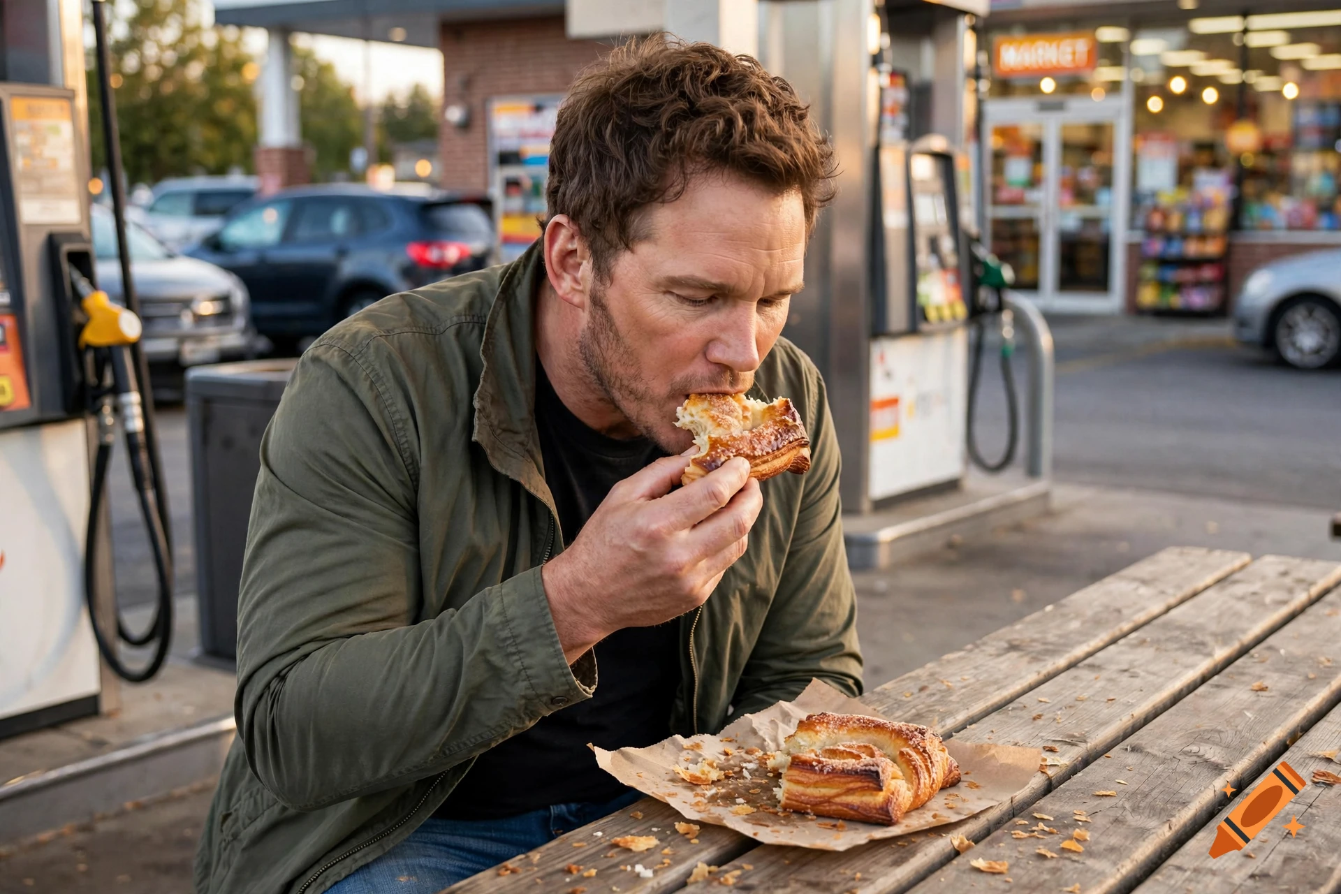 Photorealistic image of actor Chris Pratt eating a prune danish at a gas station picnic table.