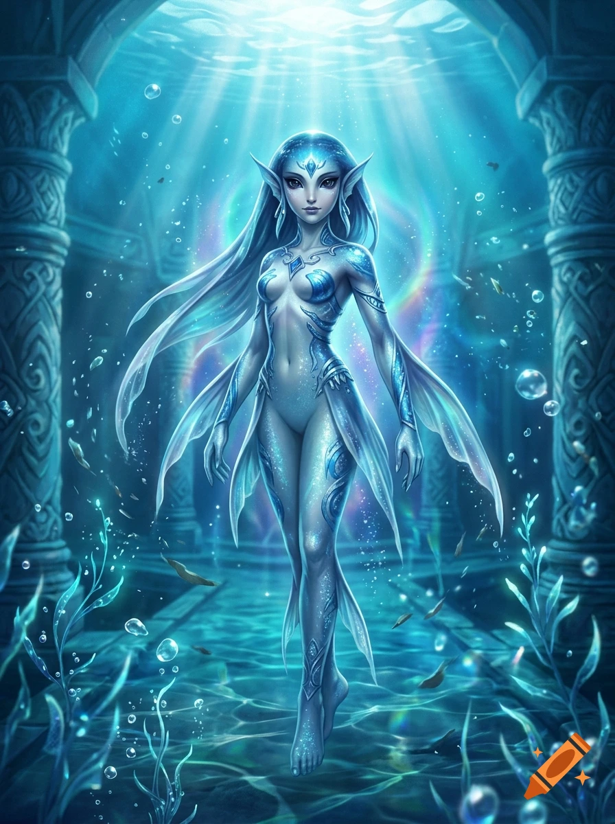 Digital painting of a graceful, glowing Zora-like princess with blue skin and fin-like ears floating in an underwater temple.