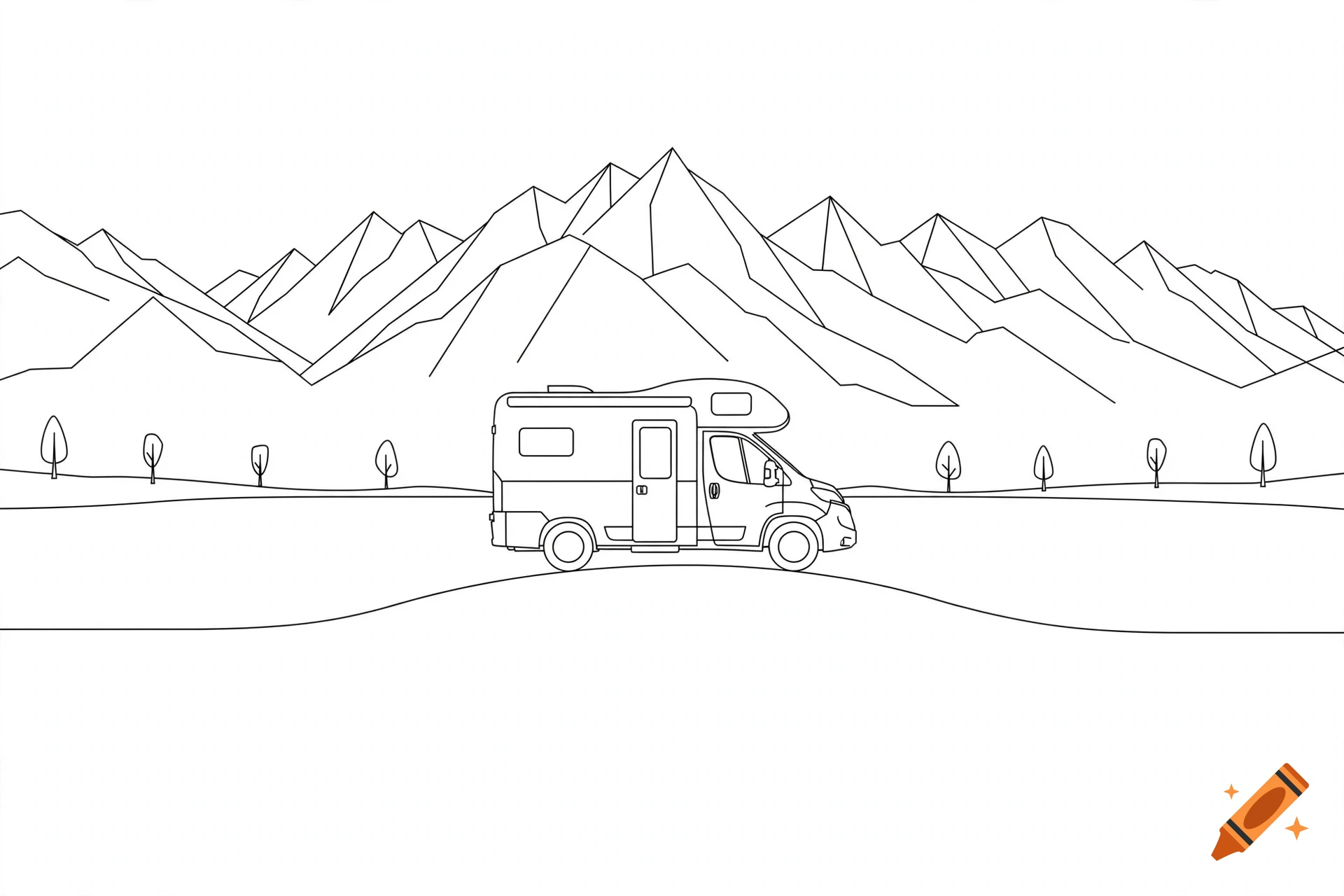 Minimalist black and white line drawing of a camper van parked on a hill with mountains in the background.