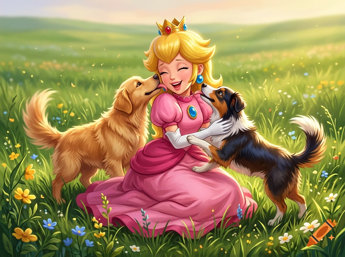 Princess Peach sitting in a vibrant green grassy field while two dogs lick her face, digital art.