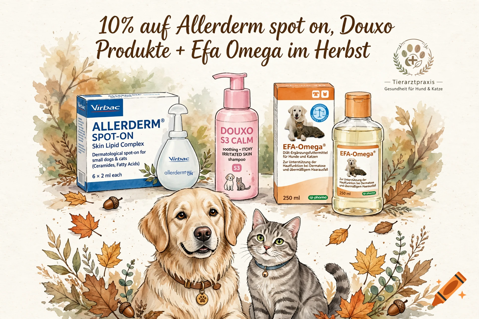 Watercolor promotional image for a veterinary practice featuring a golden retriever, a tabby cat, and autumn themed pet care products.