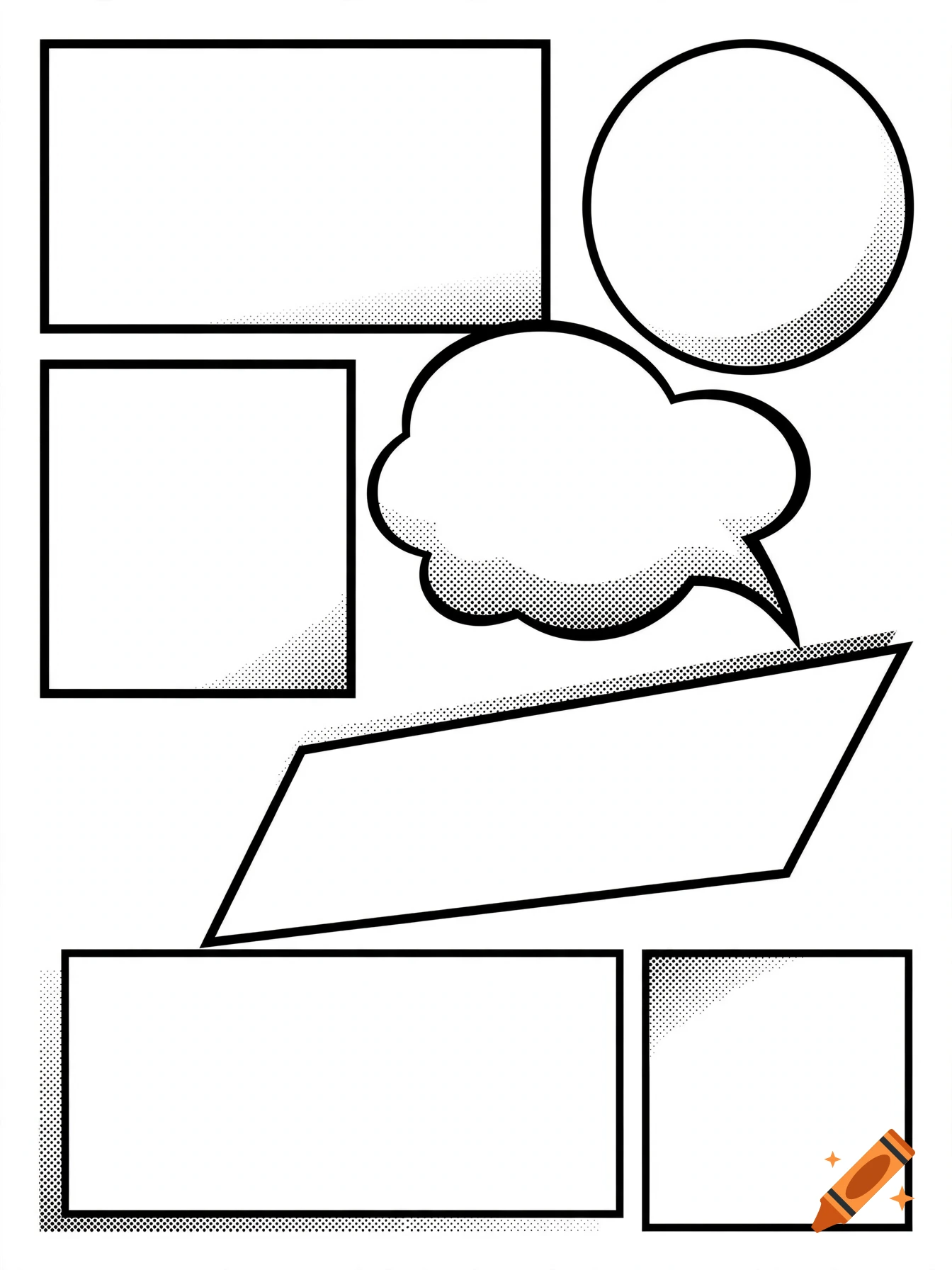 Blank comic book panels and speech bubbles in black and white with halftone dot patterns.