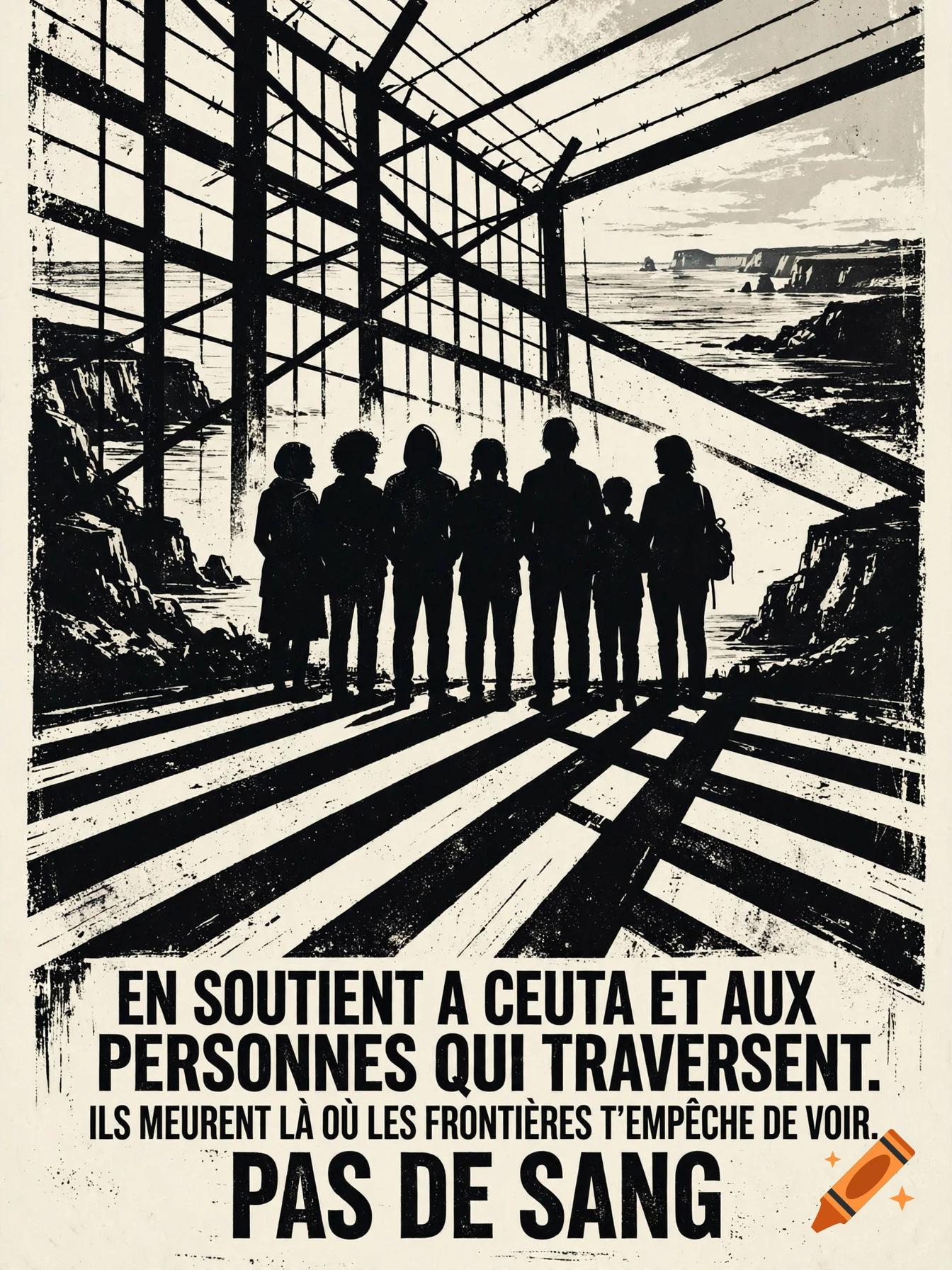 A two-color graphic poster depicting silhouetted figures looking out a barred window at the sea, with French text below.