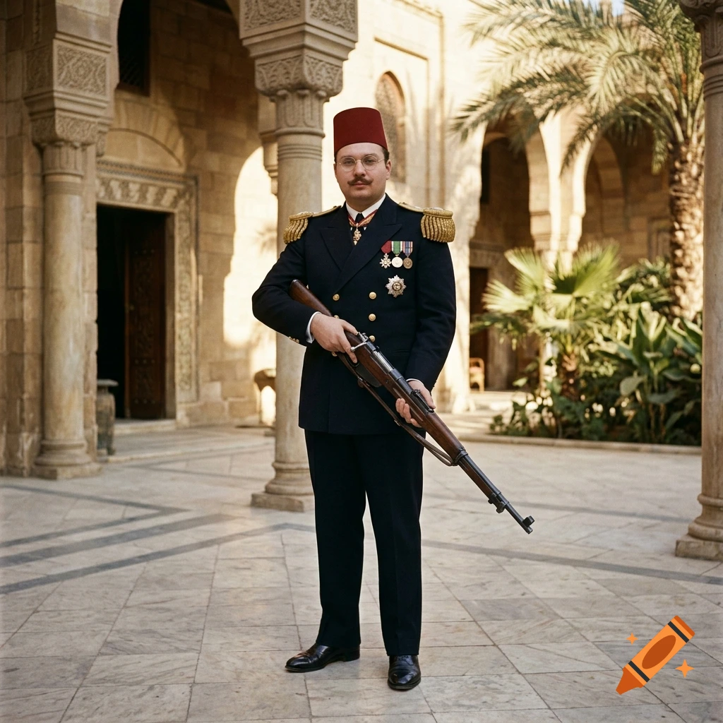Photorealistic full-length portrait of King Farouk of Egypt in a military uniform and red fez, holding a rifle in a courtyard.