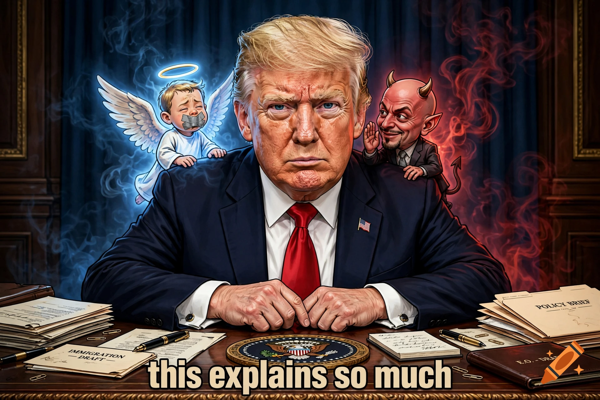 Illustration of Donald Trump at a desk with an angelic baby on one shoulder and a devil on the other, with caption this explains so much.
