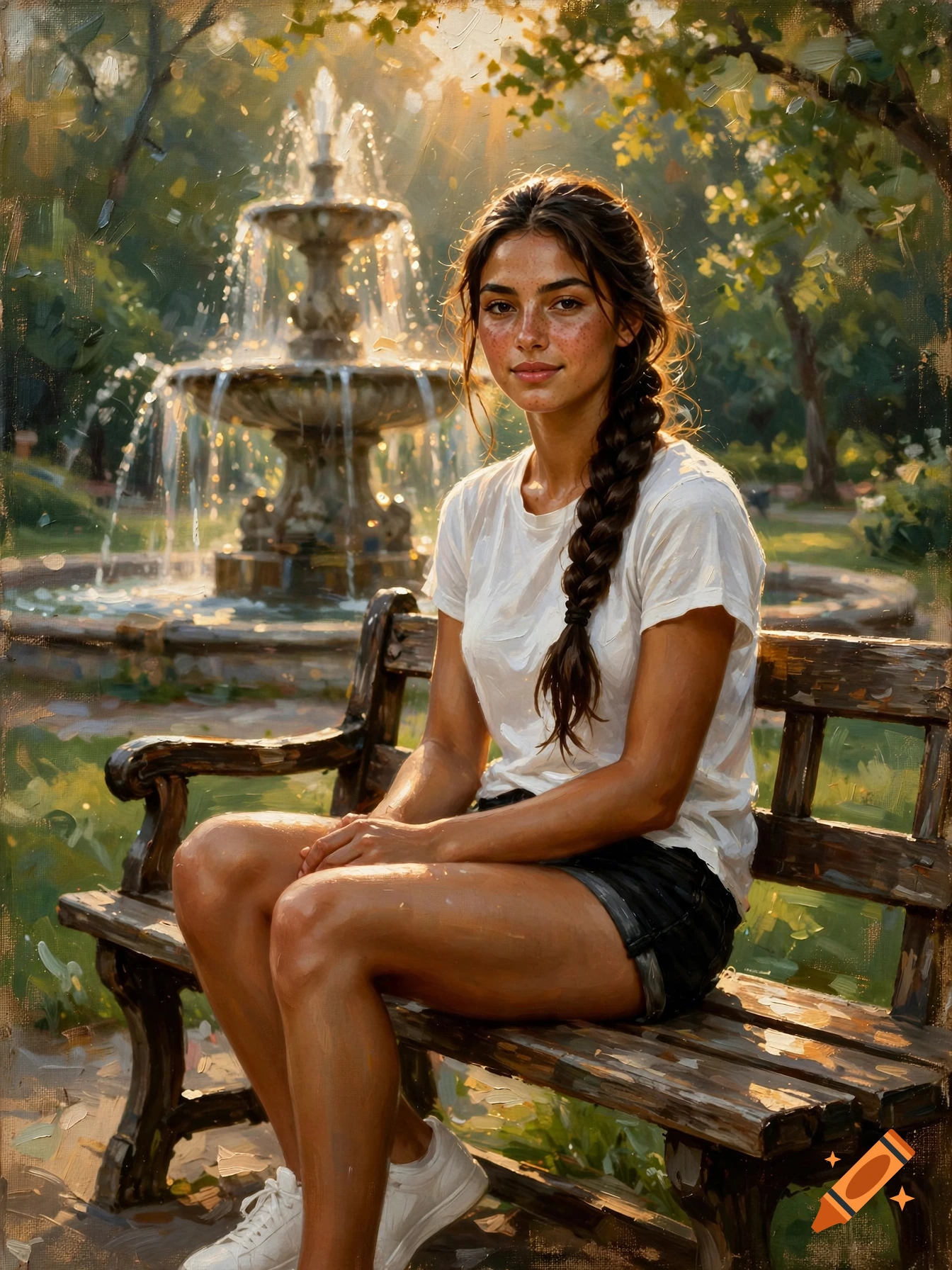 Oil painting of a smiling young woman with freckles and a braided ponytail, sitting on a wooden park bench near a fountain.