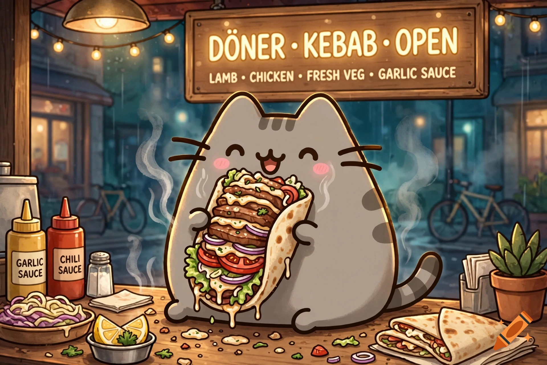 An adorable grey Pusheen cat happily eating a large döner kebab at an outdoor street food stall at night, digital illustration style.