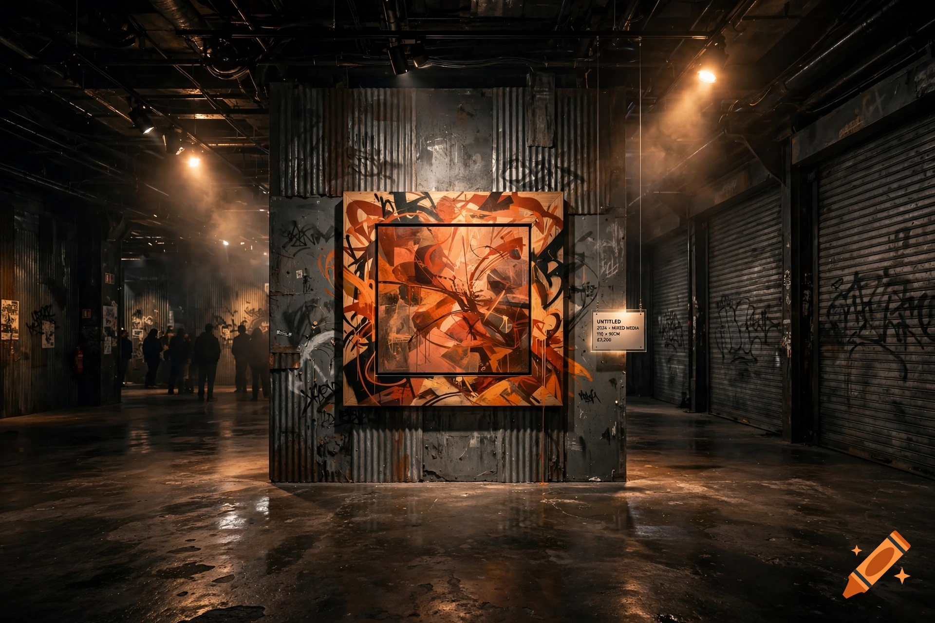 Photorealistic image of an underground industrial art gallery with an abstract orange painting displayed on a corrugated metal wall.