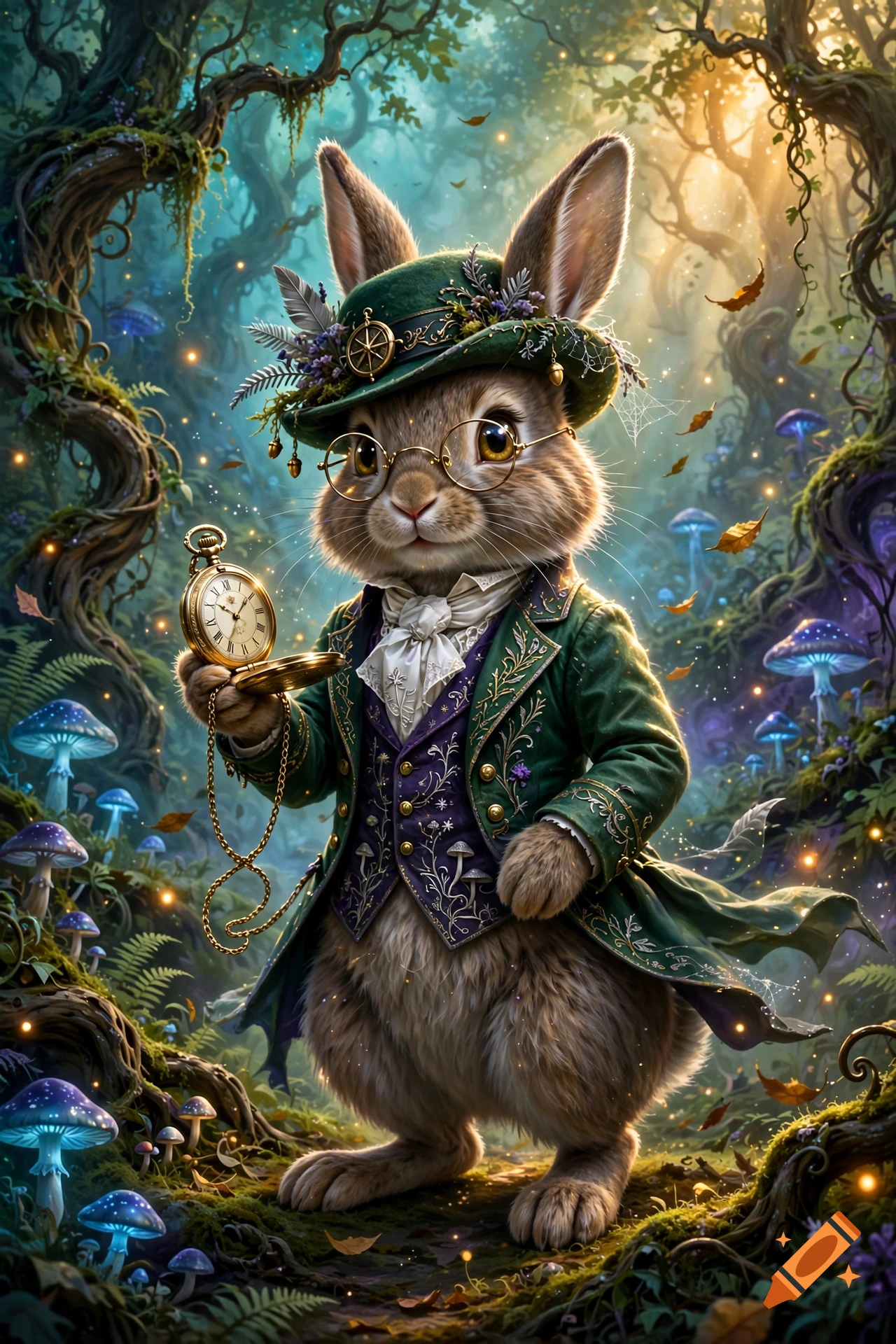 An anthropomorphic rabbit dressed in a green Victorian-style suit and top hat with glasses, holding a pocket watch in a magical, glowing forest with mushrooms.
