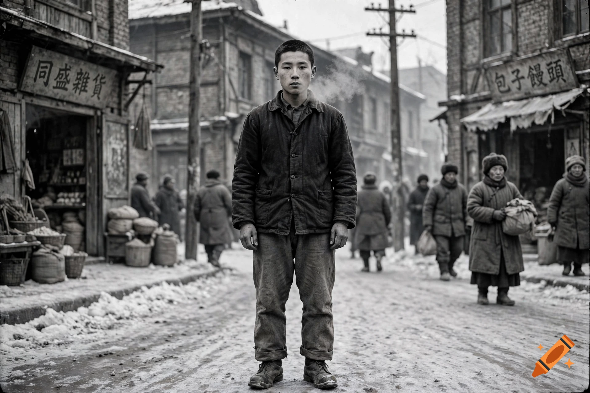 Black and white historical photograph of a young Chinese man standing in a snowy street in Harbin, 1935.