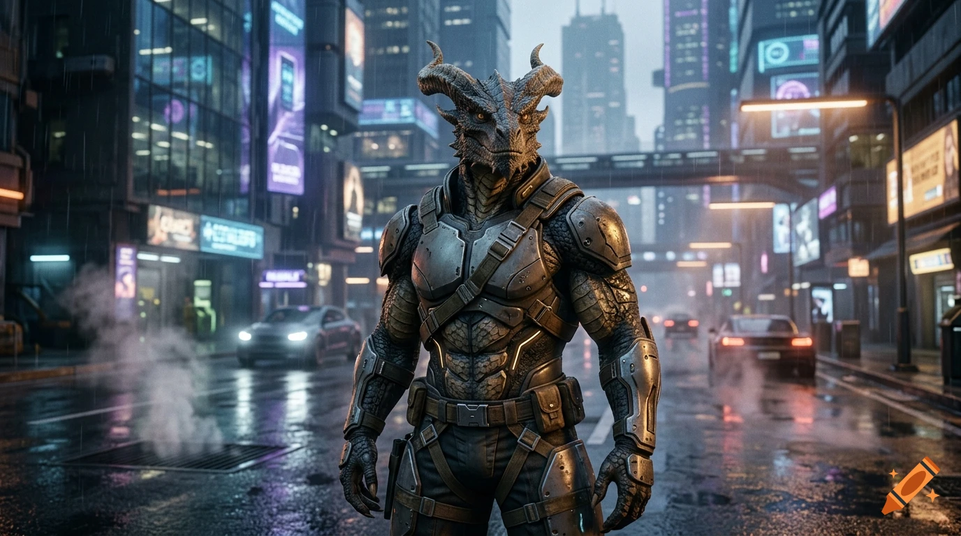 A humanoid creature with reptilian features and horns, wearing futuristic tactical armor, stands on a wet city street at night.