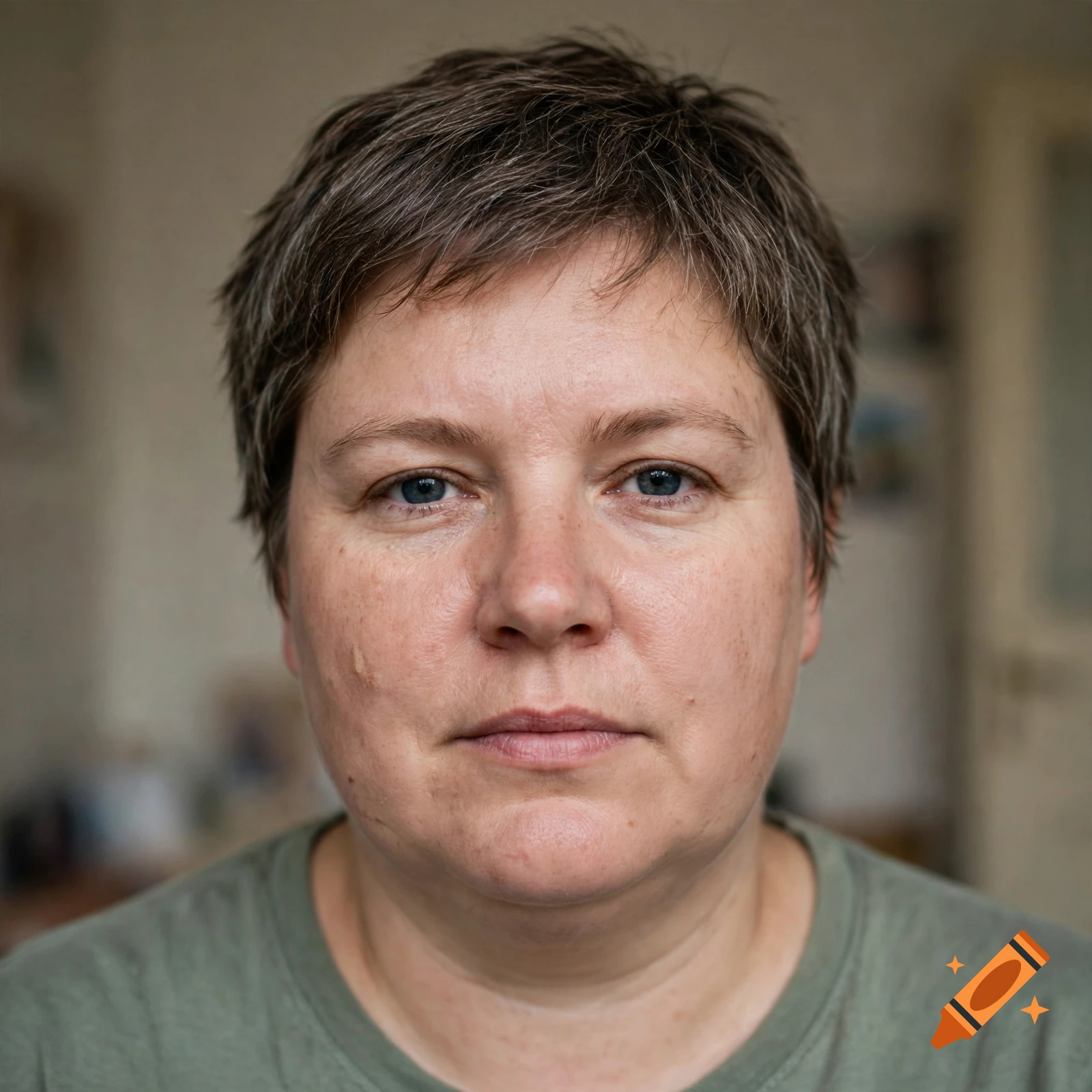 Close-up portrait of a person with short brown and gray hair, freckles, and a green t-shirt.
