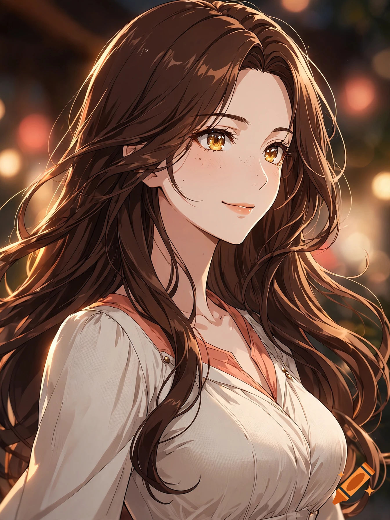 Anime style portrait of a smiling woman with long brown hair, amber eyes, and warm lighting in the background.